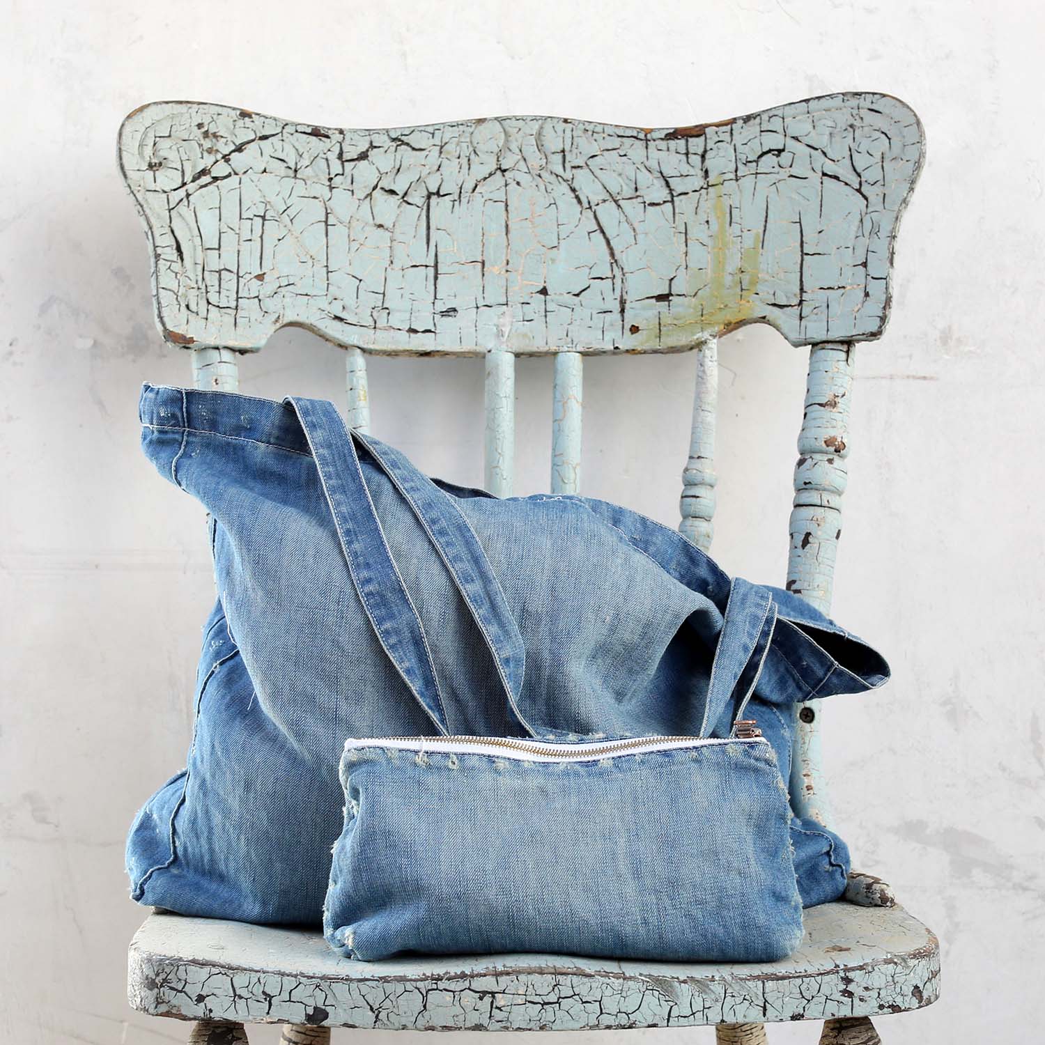 Casual denim clutch bag, Evening clutch of shabby jeans with additional  strap
