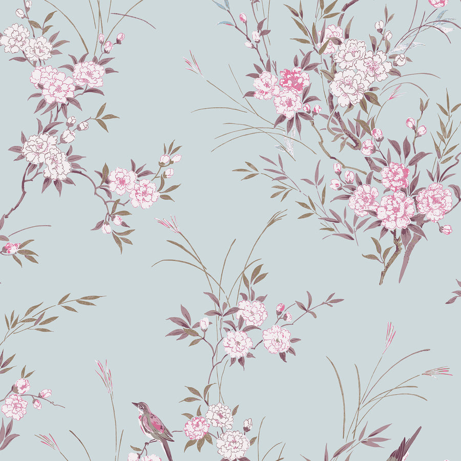 Bird Chinoiserie Blue Wallpaper