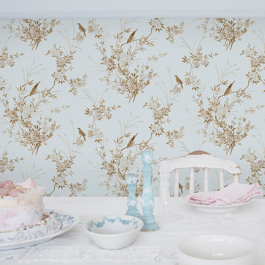 Bird Chinoiserie Blue Wallpaper