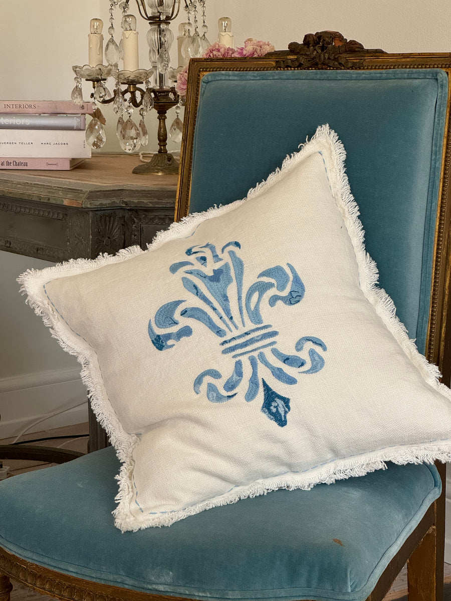 Fleur de Lis Embroidered Blue Pillow