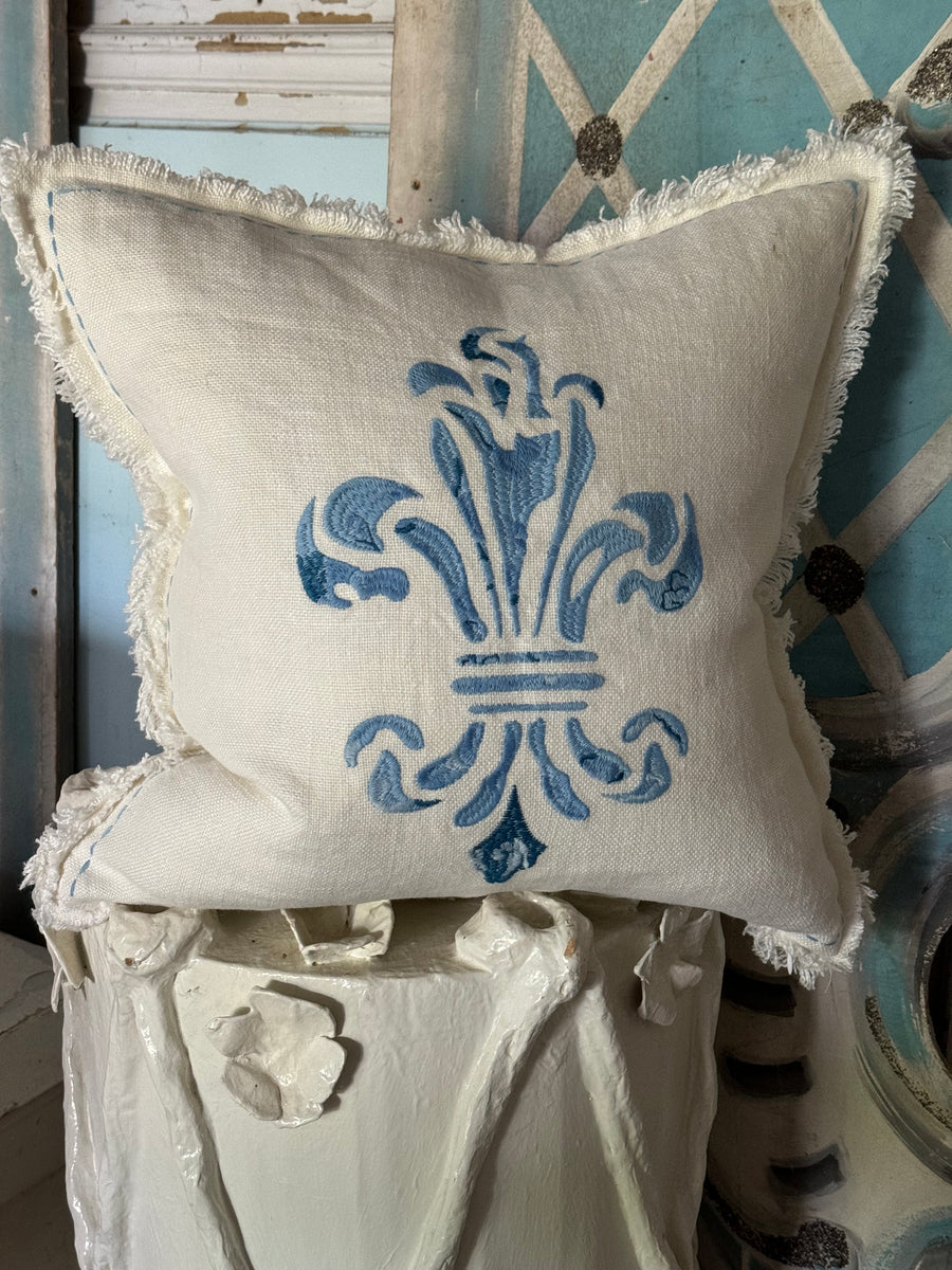 Fleur de Lis Embroidered Blue Pillow